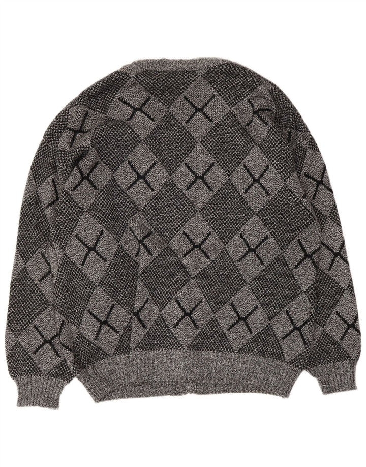 Maglione cardigan da uomo vintage grande grigio a rombi/acrilico diamante