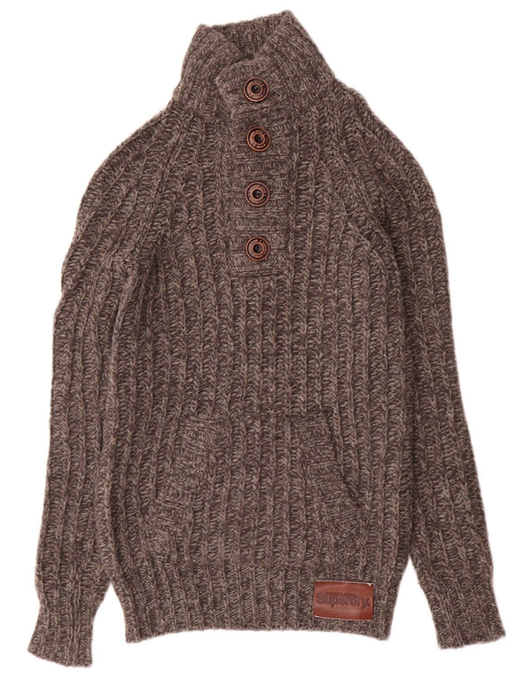Maglione da uomo con collo a bottoni Superdry in lana grigia piccola