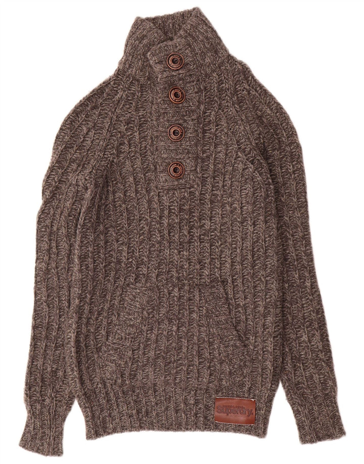 Maglione da uomo con collo a bottoni Superdry in lana grigia piccola