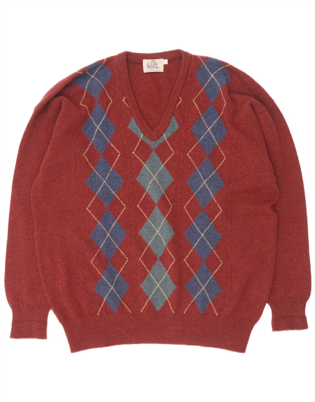 Maglione da uomo con scollo a V Clan Royal, grande lana d'agnello rossa a rombi/diamanti