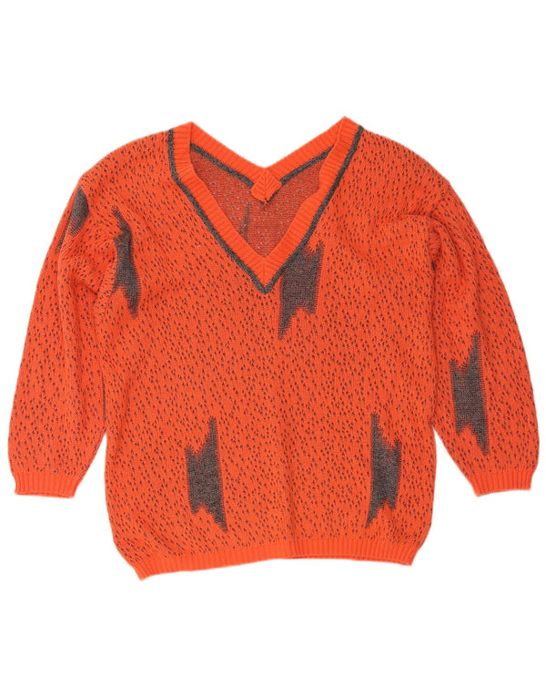 Maglione vintage da donna con scollo a V UK 16 grande chiazzato arancione