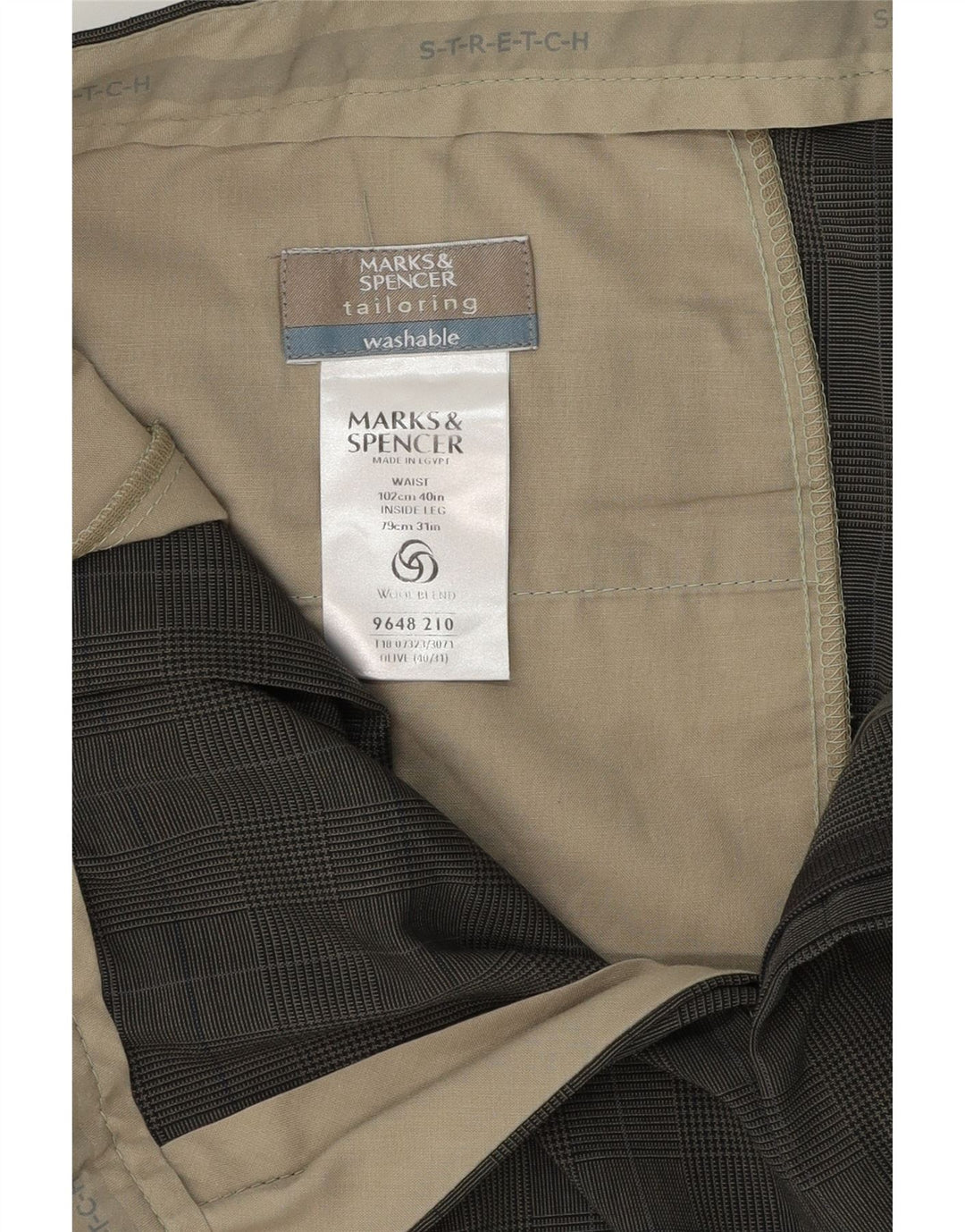 Pantaloni da abito con pegging da uomo Marks & Spencer W40 L31 Poliestere a quadri kaki