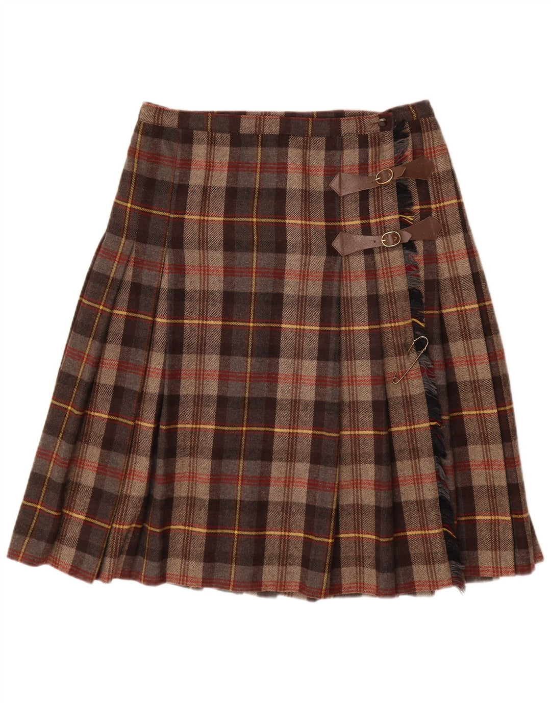 Gonna a portafoglio a pieghe vintage da donna W32 grande motivo a quadri marroni