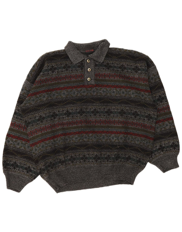 Vintage Mens Polo Shirt XL Grey Fair Isle