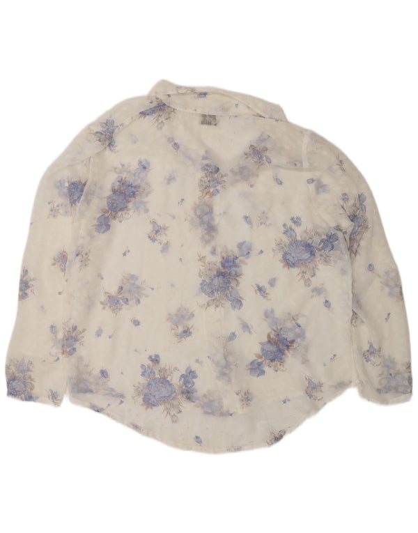 Camicetta da donna vintage trasparente con camicia trasparente UK 14 grande motivo floreale bianco