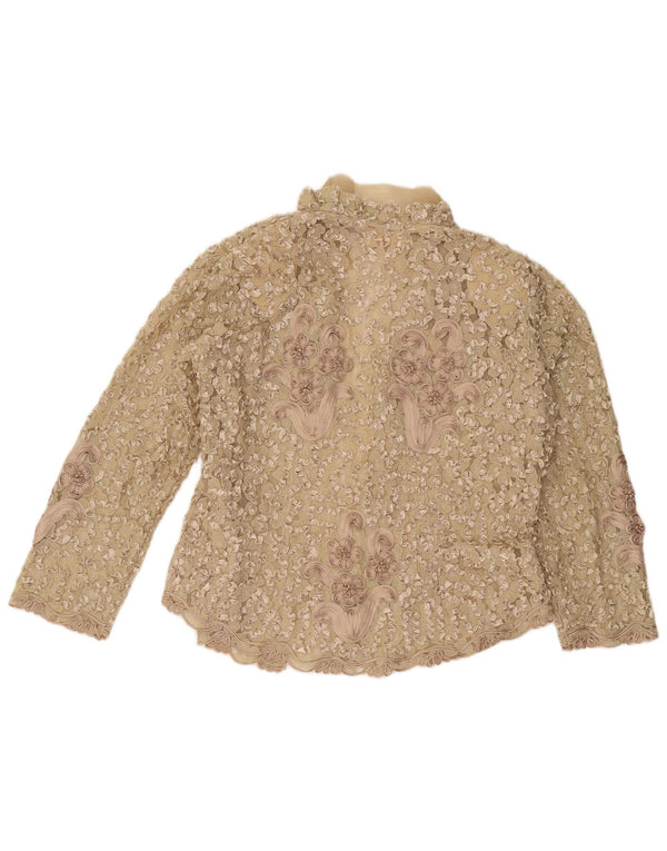 Camicetta camicia di pizzo vintage da donna UK 16 grande seta floreale beige