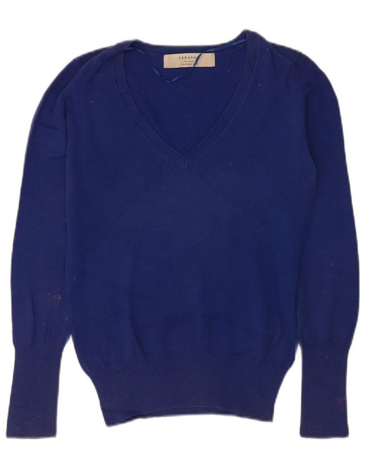 Maglione da donna con scollo a V Zara UK 12 Cotone blu medio