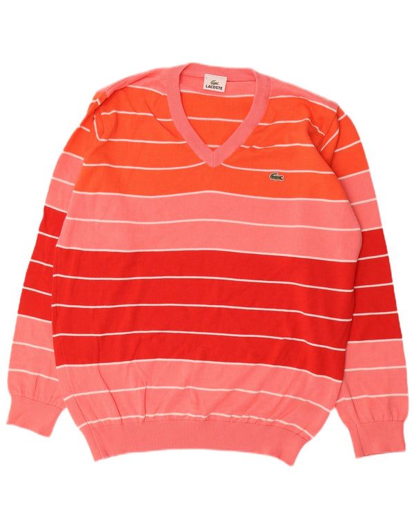 Maglione maglione da uomo con scollo a V Lacoste taglia 5 grande cotone a righe rosa