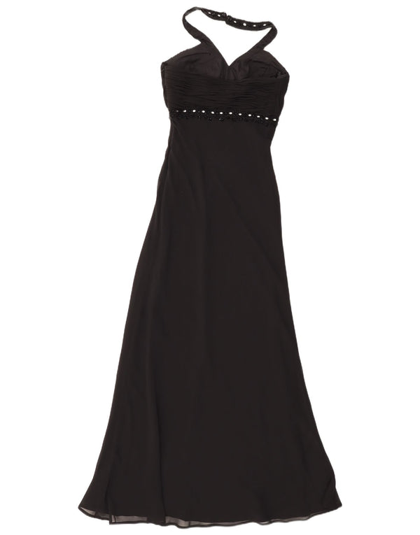 Abito maxi da donna vintage con scollo all'americana UK 8 piccolo poliestere nero