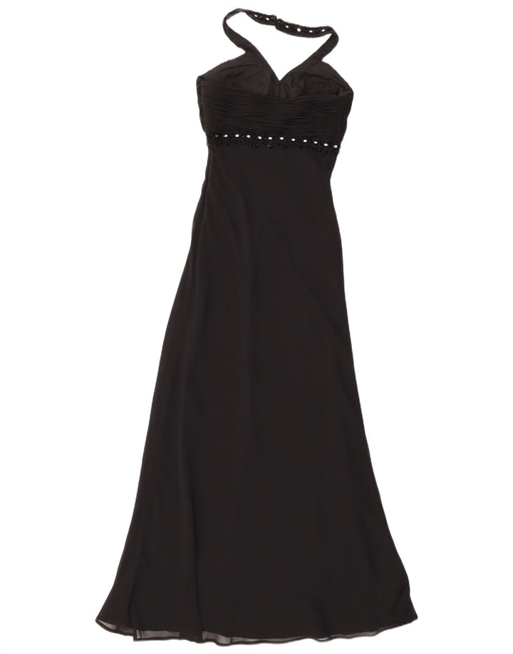 Abito maxi da donna vintage con scollo all'americana UK 8 piccolo poliestere nero