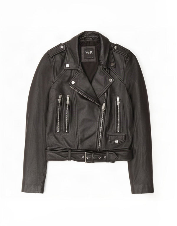 Giacca da motociclista in pelle da donna Zara UK 12 media nera