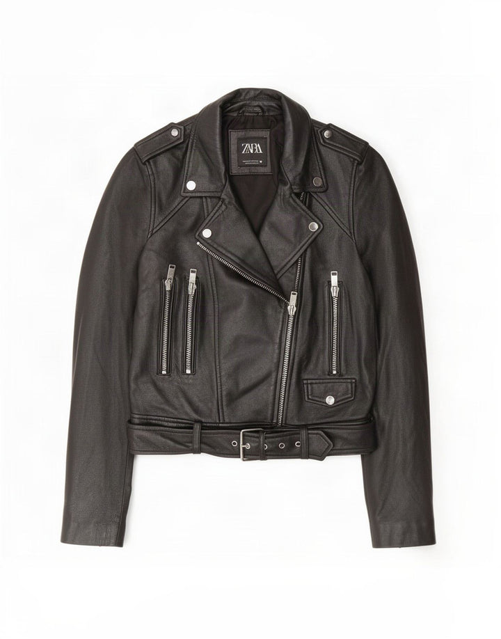 Giacca da motociclista in pelle da donna Zara UK 12 media nera