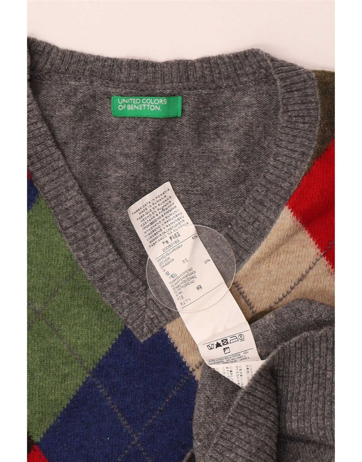 Maglione da uomo con scollo a V Benetton, grigio medio, lana a rombi/diamante