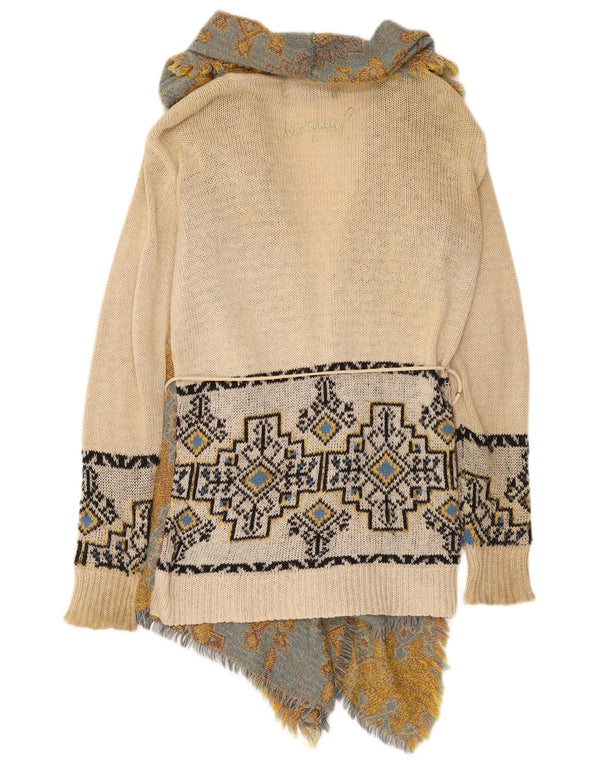 Desigual Donna Maglione Cardigan Asimmetrico UK 10 Small Beige Fair Isle