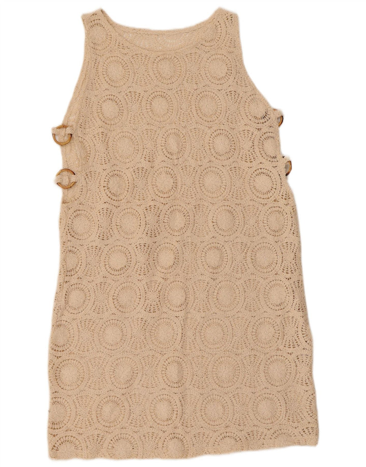 Abito a trapezio senza maniche all'uncinetto da donna VINTAGE UK 10 piccolo cotone beige