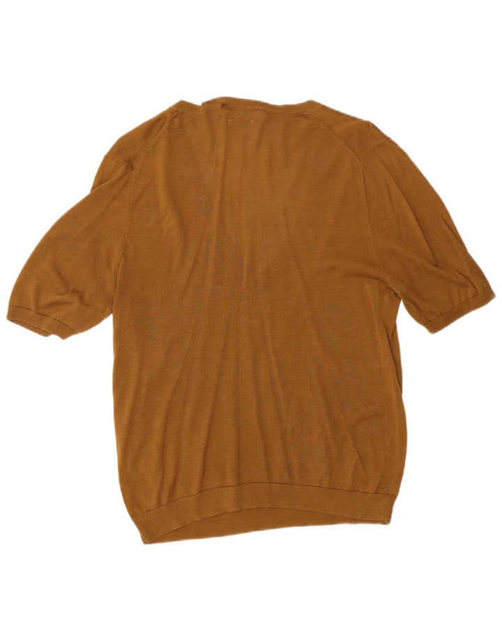 ZARA Womens Short Sleeve V-Neck Jumper Sweater UK 14 Large Brown Silk