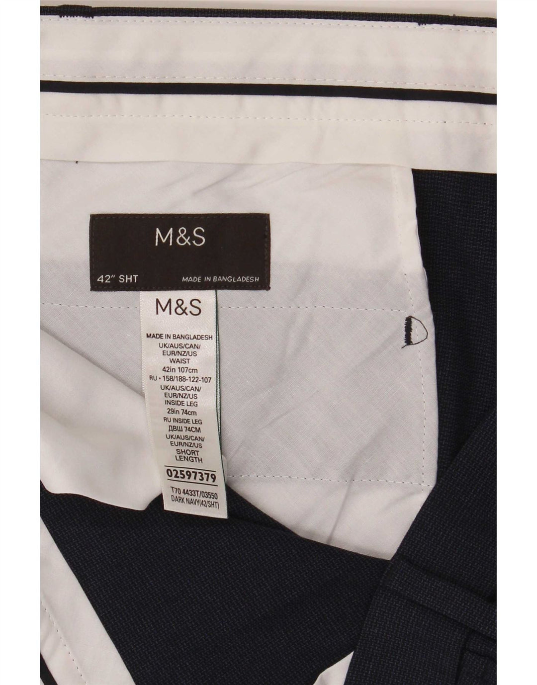 Pantaloni chino da uomo Marks & Spencer W42 L29 poliestere blu navy