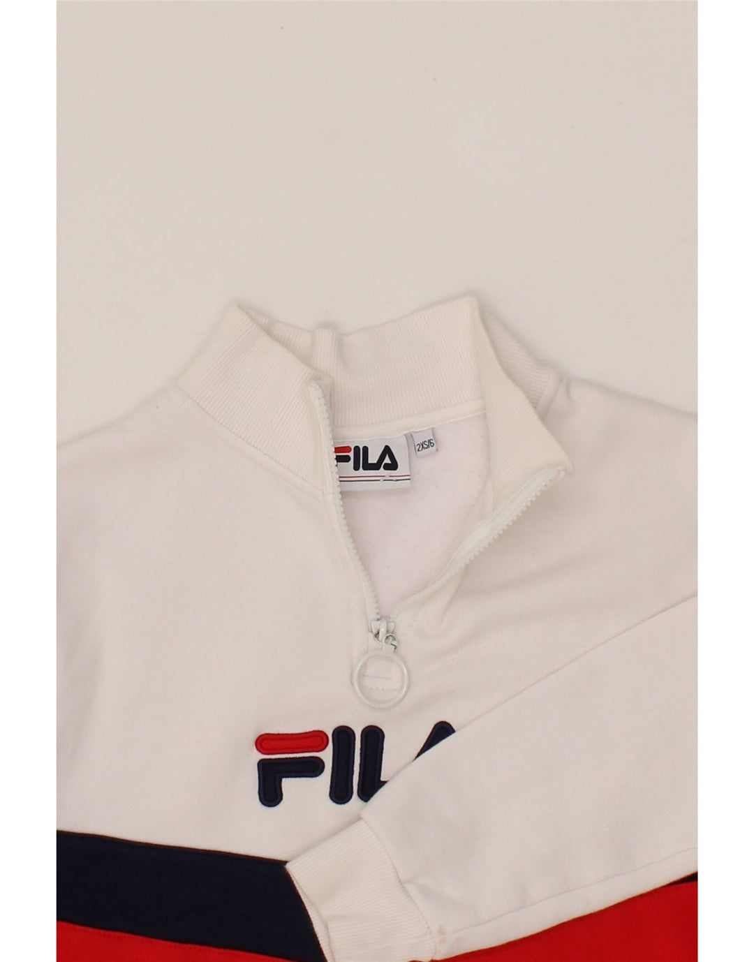 FILA Womens Oversized Graphic Zip Neck Sweatshirt Jumper UK 2 2XS White Vintage Fila and Second-Hand Fila from Messina Hembry 