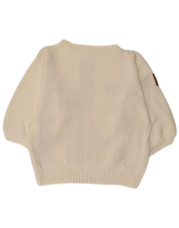 Maglione da donna vintage con scollo a barca con maniche a 3/4 UK 10 Piccolo motivo floreale bianco