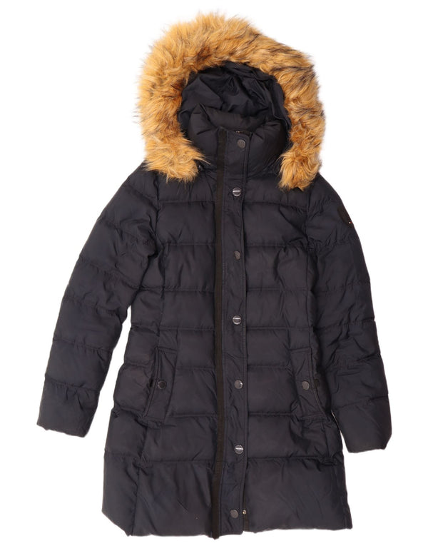 TOMMY HILFIGER Cappotto imbottito con cappuccio da donna UK 10 Small Poliestere blu navy