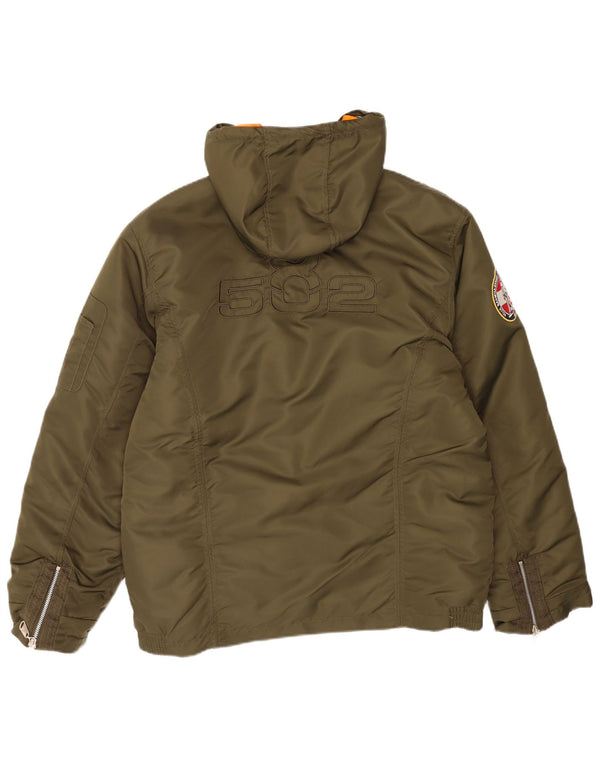 Giacca imbottita con cappuccio grafica vintage da uomo UK 44 2XL nylon kaki
