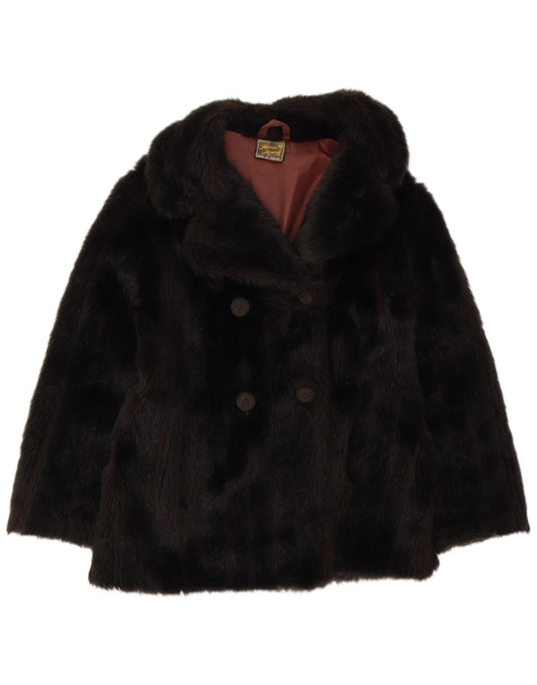 Cappotto doppiopetto da donna in pelliccia sintetica VINTAGE UK 10 piccolo acrilico nero