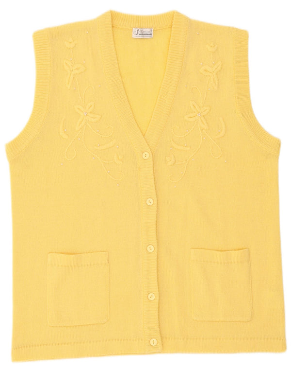 Maglione cardigan senza maniche da donna vintage UK 16 grande floreale giallo