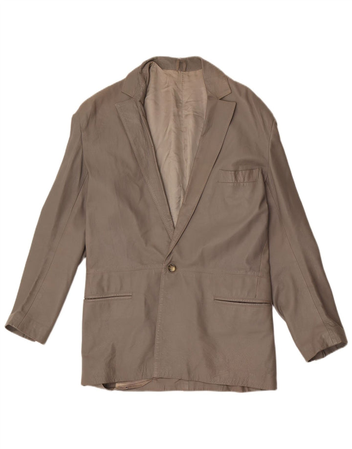 Giacca blazer in pelle vintage da donna a 1 bottone IT 48 XL grigia