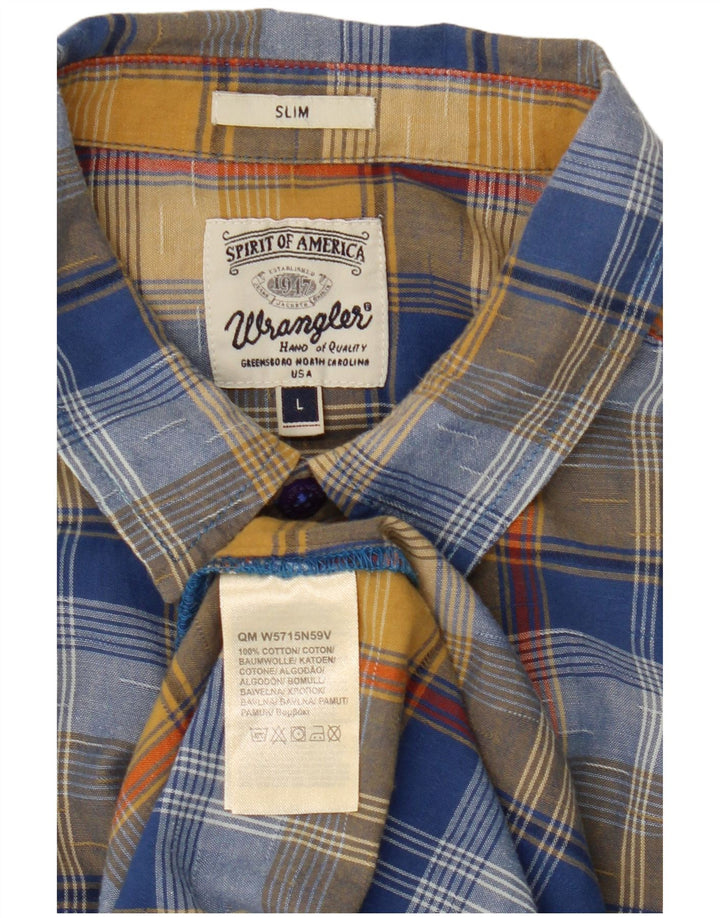 Camicia slim da uomo a maniche corte Wrangler in cotone a quadri blu grande