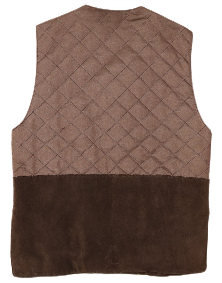 Gilet trapuntato in pelle scamosciata da donna VINTAGE UK 14 grande in pelle color block marrone