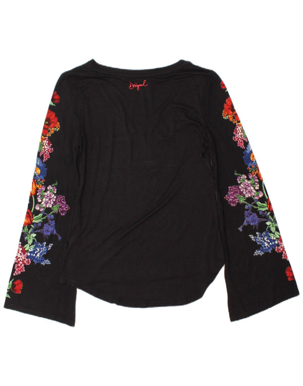 Desigual Donna Top Manica Lunga UK 10 Piccolo Nero Floreale