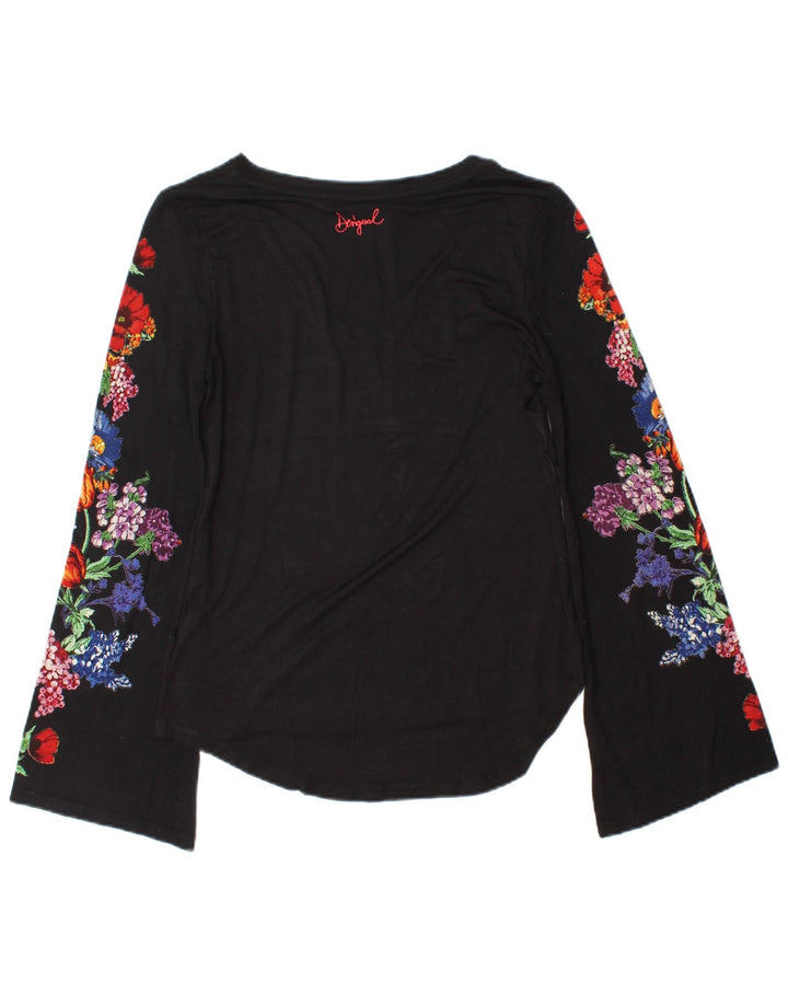 Desigual Donna Top Manica Lunga UK 10 Piccolo Nero Floreale