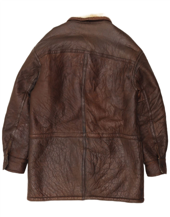 Cappotto vintage in shearling da uomo IT 50 grande in pelle marrone