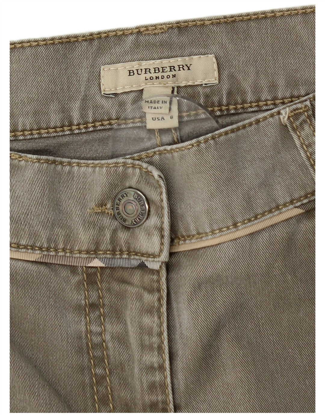 Jeans dritti da donna BURBERRY UK 10 piccoli W32 L29 cotone kaki