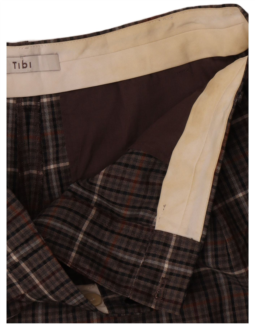 Pantaloncini chino a vita alta da donna Tibi W32 poliestere scozzese marrone medio