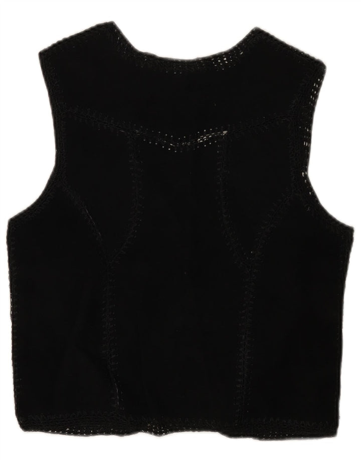 Gilet vintage in pelle scamosciata da donna UK 6 XS patchwork nero