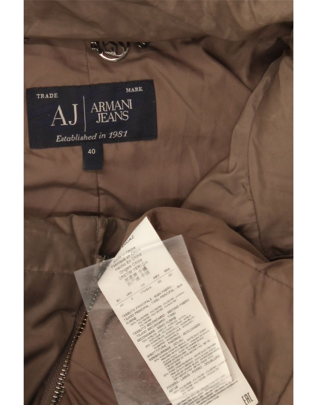 ARMANI JEANS Piumino Donna con Cappuccio IT 40 Small Marrone Poliestere