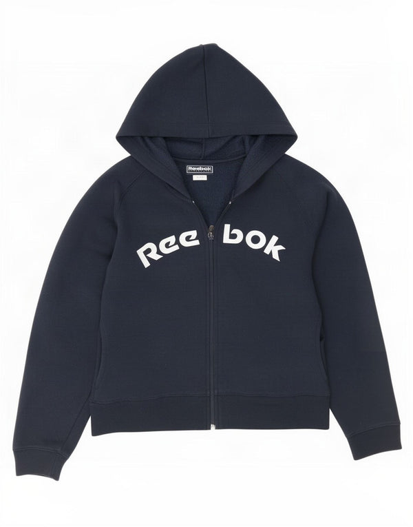 Reebok Womens Graphic Zip Hoodie Sweater UK 10 Small Navy Blue Cotton