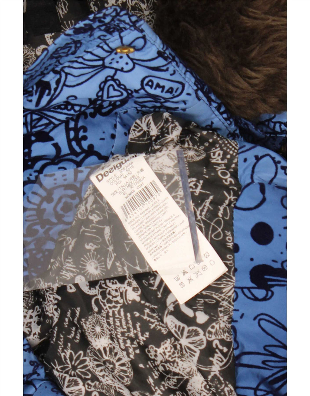 Cappotto imbottito con cappuccio da donna Desigual EU 40 poliestere floreale blu medio