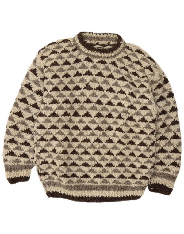 Vintage Mens Crew Neck Jumper Sweater Medium Off White Geometric