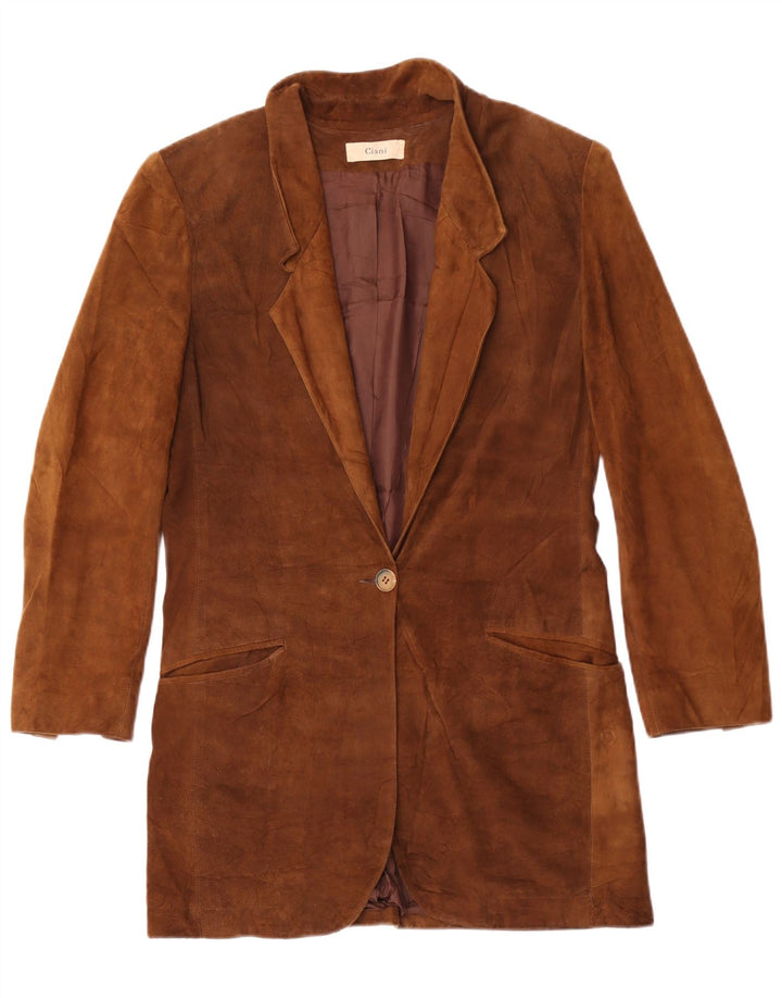 Giacca blazer in pelle scamosciata a 1 bottone vintage da donna lunga UK 10 piccola marrone