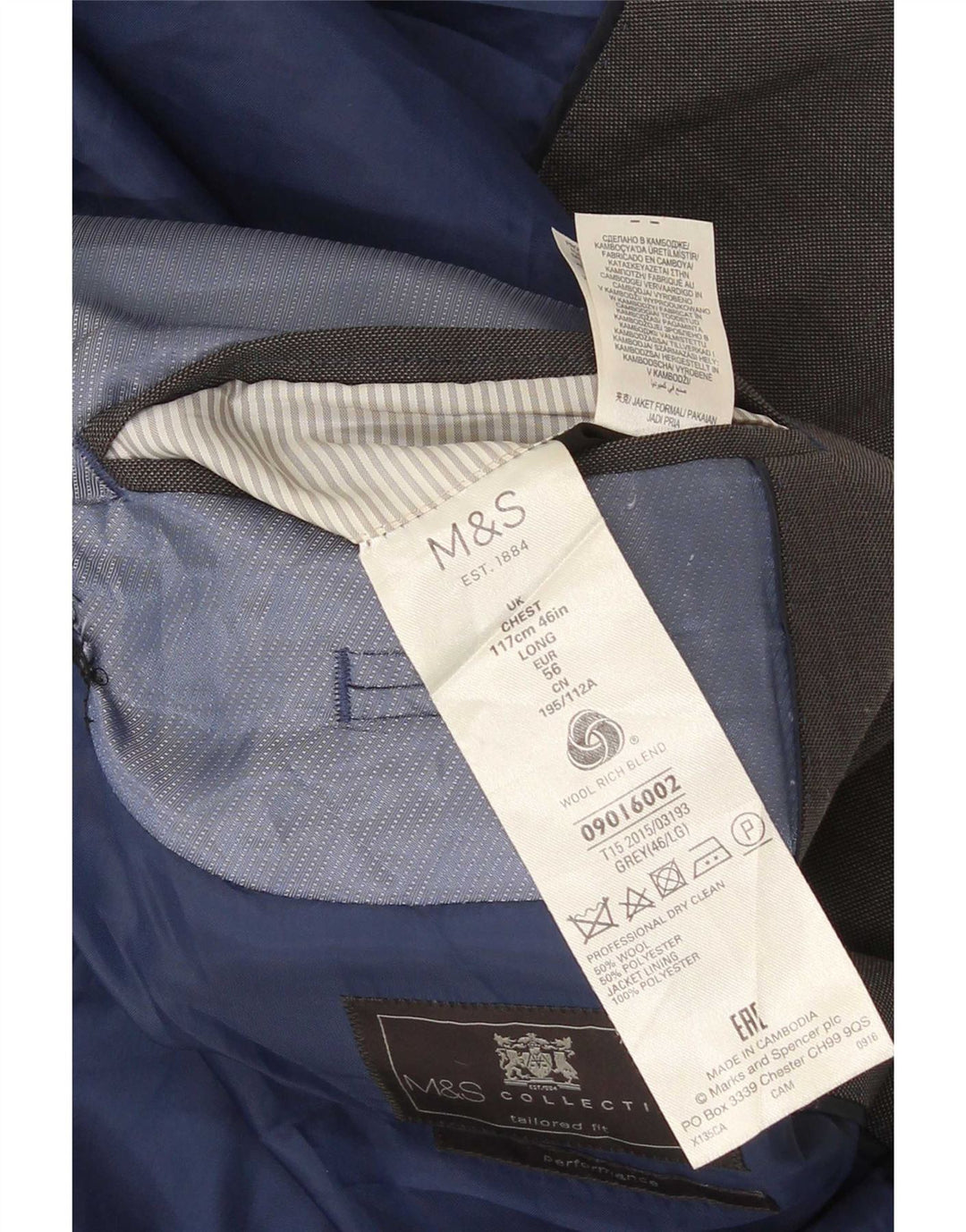 Giacca blazer da uomo a 2 bottoni su misura Marks & Spencer UK 46 XL lana grigia