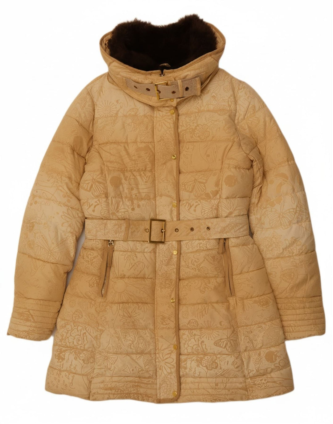 DESIGUAL Womens Padded Coat EU 40 Medium Beige Floral Polyester Butterfly