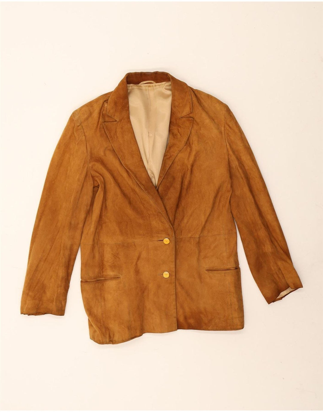 Giacca blazer vintage da donna in pelle scamosciata a 2 bottoni UK 12 in pelle beige media