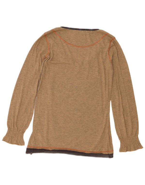 Desigual Donna Graphic Top Manica Lunga UK 16 Large Marrone Cotone