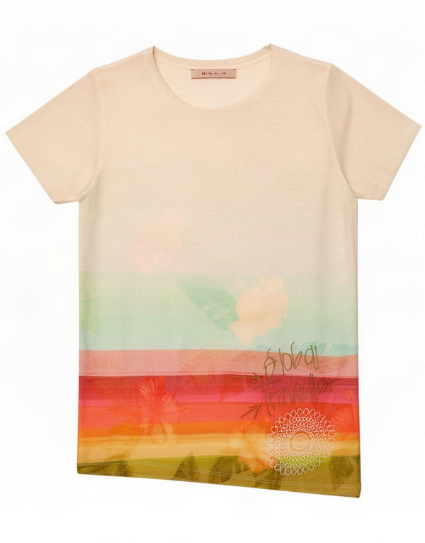 Desigual T-shirt grafica da donna Top UK 12 Poliestere floreale bianco medio