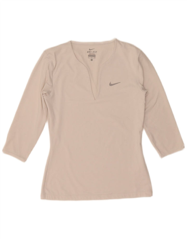 Nike Dri Fit Top Manica 3/4 da Donna UK 10 Small Poliestere Bianco