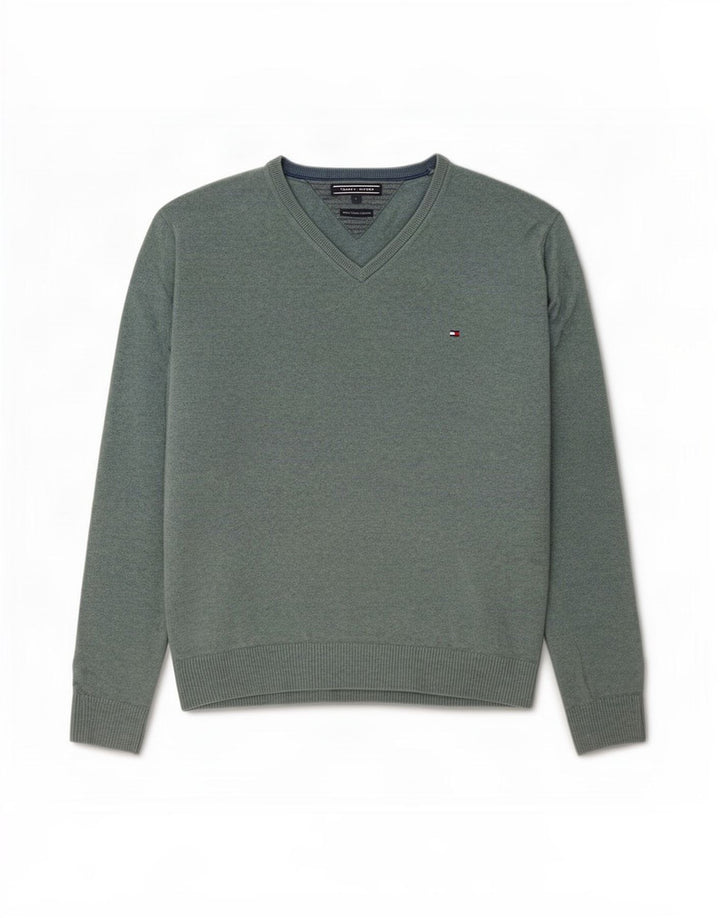 Maglione maglione con scollo a V da uomo Tommy Hilfiger grande cotone verde