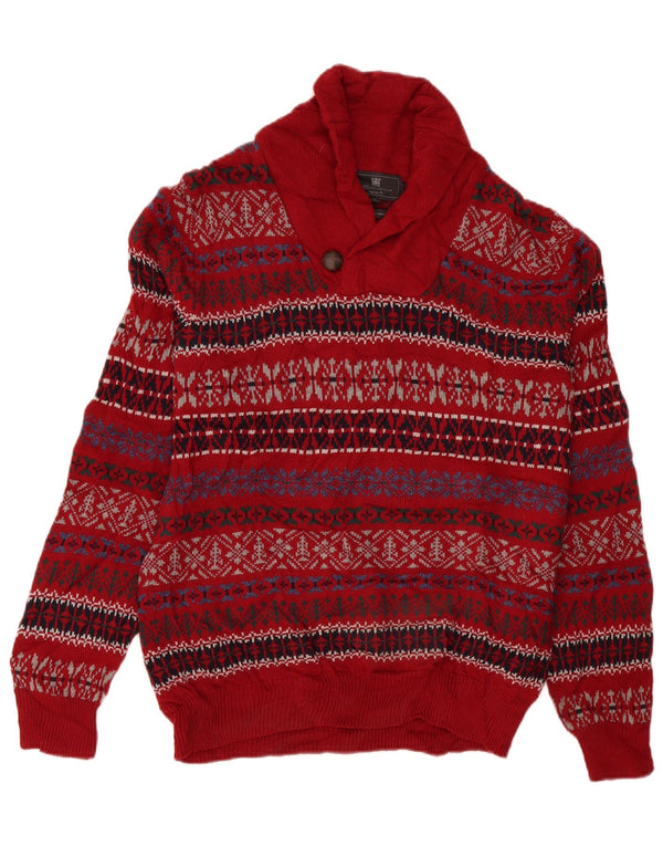 Maglione da uomo Marks & Spencer con collo a scialle, rosso medio, Fair Isle