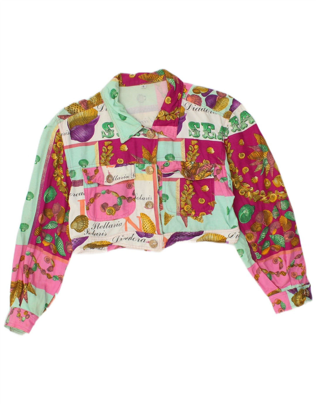 Giacca Bolero grafica da donna vintage UK 10 piccola viscosa multicolore